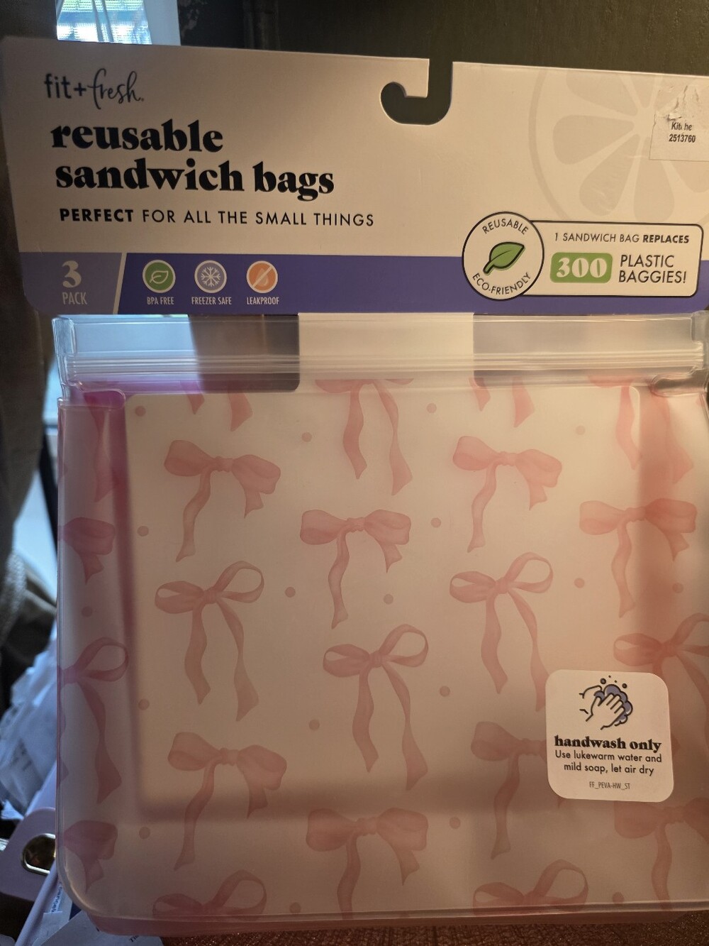fit+fresh Reusable Sandwich Bags - Pink Bow Pattern (3 Pack)